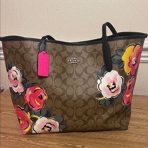Coach Signature Tote with Pink Floral Accents
